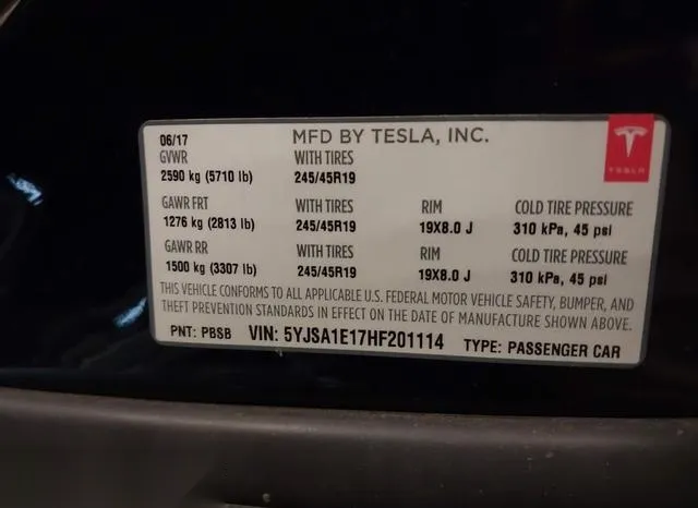 5YJSA1E17HF201114 2017 2017 Tesla Model S- 60/75 9