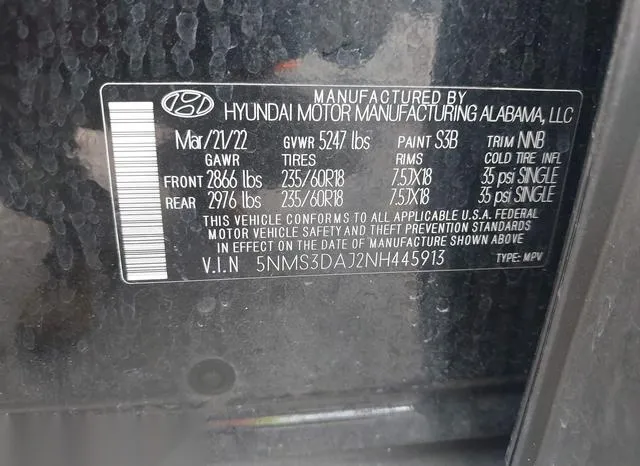 5NMS3DAJ2NH445913 2022 2022 Hyundai Santa Fe- Sel 9