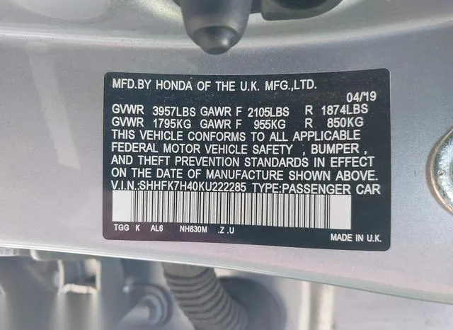 SHHFK7H40KU222285 2019 2019 Honda Civic- Sport 9