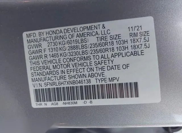 5FNRL6H7XNB046138 2022 2022 Honda Odyssey- Ex-L 9