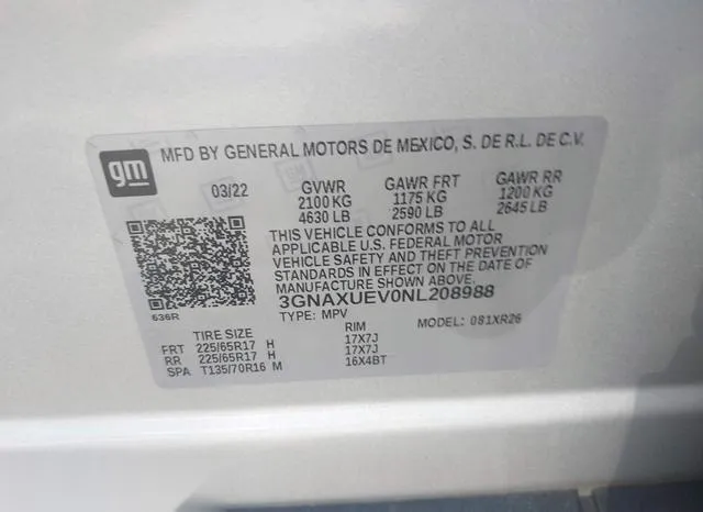 3GNAXUEV0NL208988 2022 2022 Chevrolet Equinox- Awd Lt 9