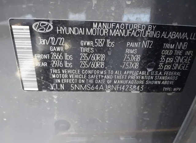 5NMS64AJ8NH423843 2022 2022 Hyundai Santa Fe- Xrt 9