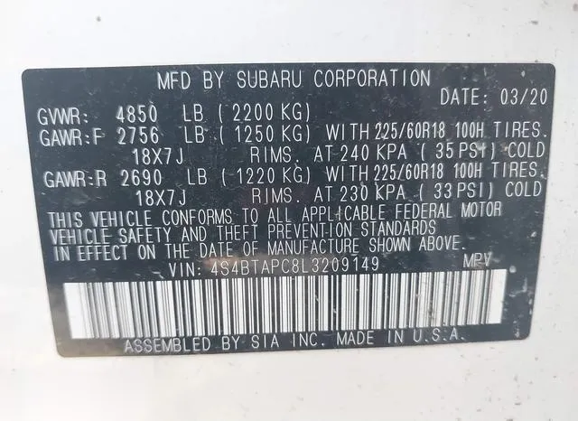 4S4BTAPC8L3209149 2020 2020 Subaru Outback- Touring 9