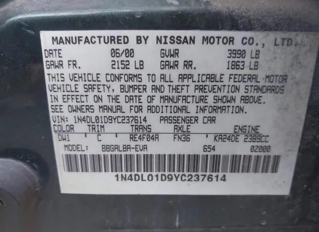 1N4DL01D9YC237614 2000 2000 Nissan Altima- Gle/Gxe/Se/Xe 9