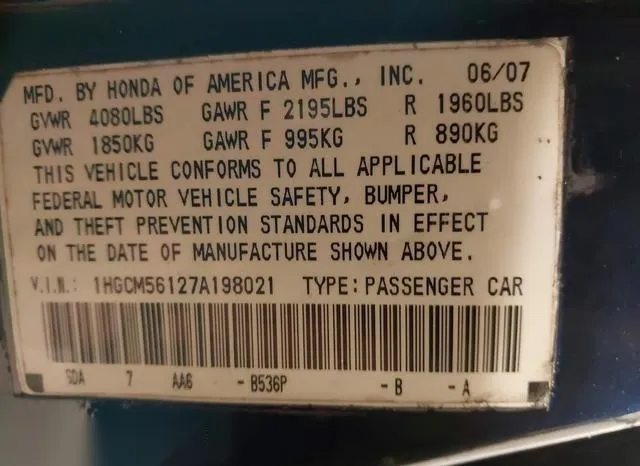 1HGCM56127A198021 2007 2007 Honda Accord- 2-4 VP 9