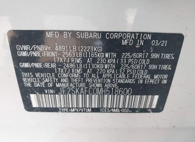 JF2SKAFC0MH518600 2021 2021 Subaru Forester- Premium 9