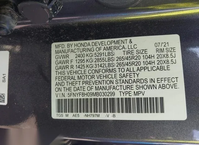 5FNYF8H09MB030299 2021 2021 Honda Passport- Awd Elite 9