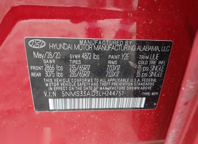 5NMS33AD3LH244751 2020 2020 Hyundai Santa Fe- Sel 9