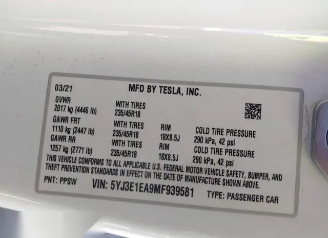 5YJ3E1EA9MF939581 2021 2021 Tesla Model 3- Standard Range Pl 9