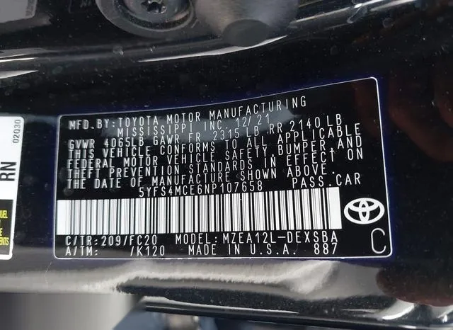 5YFS4MCE6NP107658 2022 2022 Toyota Corolla- SE 9