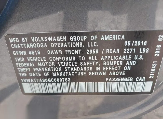 1VWAT7A30GC060783 2016 2016 Volkswagen Passat- 1-8T S 9