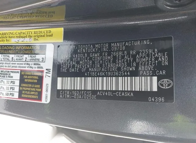 4T1BE46K19U362544 2009 2009 Toyota Camry- SE 9