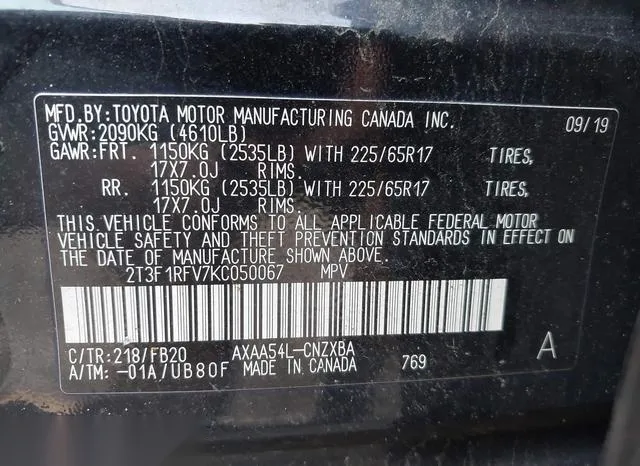 2T3F1RFV7KC050067 2019 2019 Toyota RAV4- LE 9