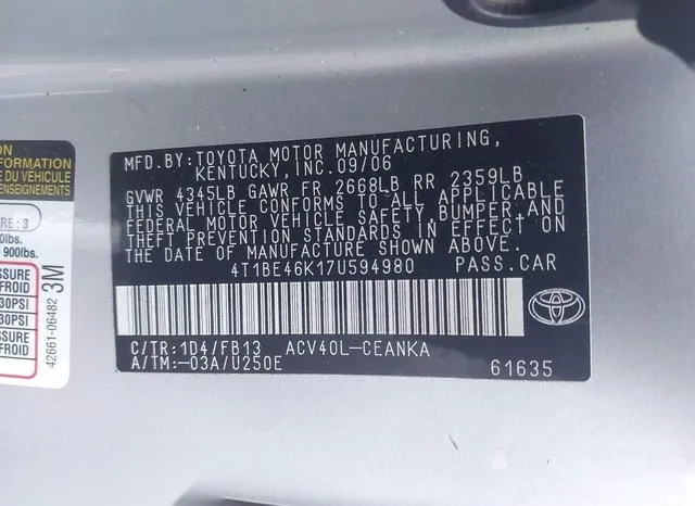 4T1BE46K17U594980 2007 2007 Toyota Camry- LE 9