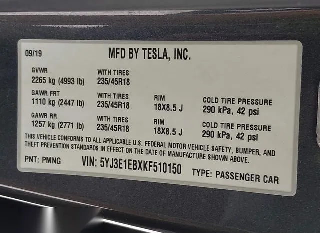 5YJ3E1EBXKF510150 2019 2019 Tesla Model 3- Long Range/Perfor 9