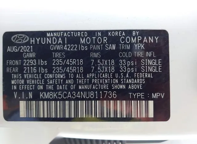 KM8K5CA34NU811736 2022 2022 Hyundai Kona- Limited 9