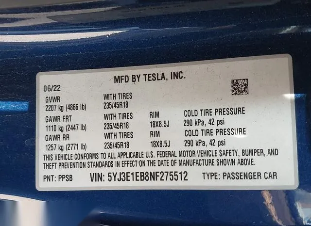 5YJ3E1EB8NF275512 2022 2022 Tesla Model 3- Long Range Dual 9