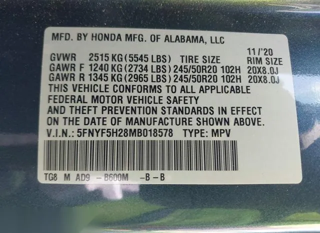 5FNYF5H28MB018578 2021 2021 Honda Pilot- 2Wd Special Edition 9