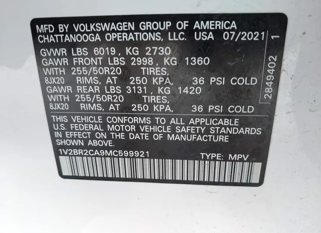 1V2BR2CA9MC599921 2021 2021 Volkswagen Atlas- 3-6L V6 Sel 9