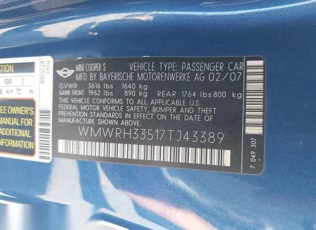 WMWRH33517TJ43389 2007 2007 Mini Cooper S 9