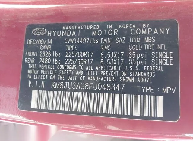 KM8JU3AG8FU048347 2015 2015 Hyundai Tucson- SE 9