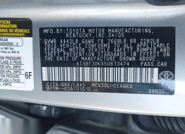 4T1BF30KX5U613474 2005 2005 Toyota Camry- Xle V6 9