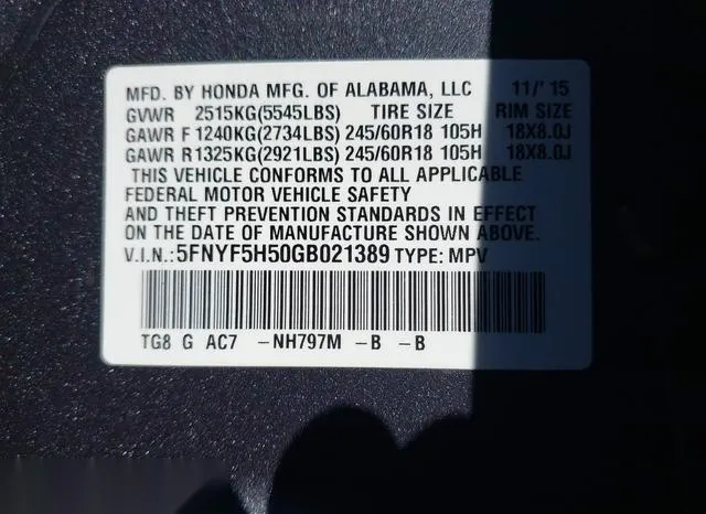 5FNYF5H50GB021389 2016 2016 Honda Pilot- Ex-L 9