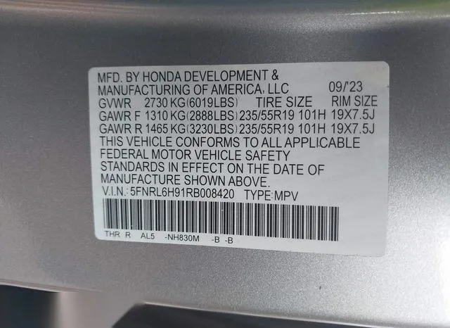 5FNRL6H91RB008420 2024 2024 Honda Odyssey- Elite 9