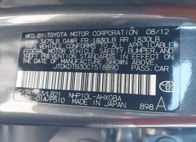 JTDKDTB30C1518890 2012 2012 Toyota Prius- C Four 9