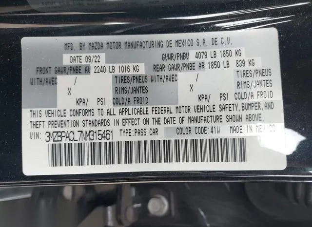 3MZBPACL7NM315461 2022 2022 Mazda 3- Preferred 9