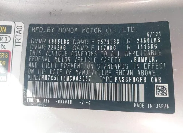 JHMZC5F16MC002057 2021 2021 Honda Clarity- Plug-In Hybrid 9