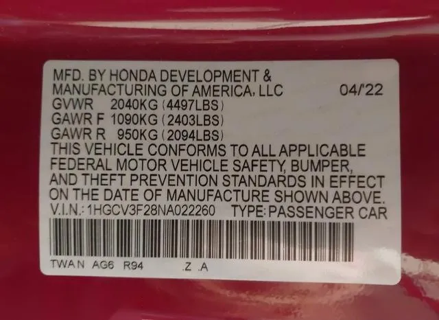 1HGCV3F28NA022260 2022 2022 Honda Accord- Hybrid Sport 9