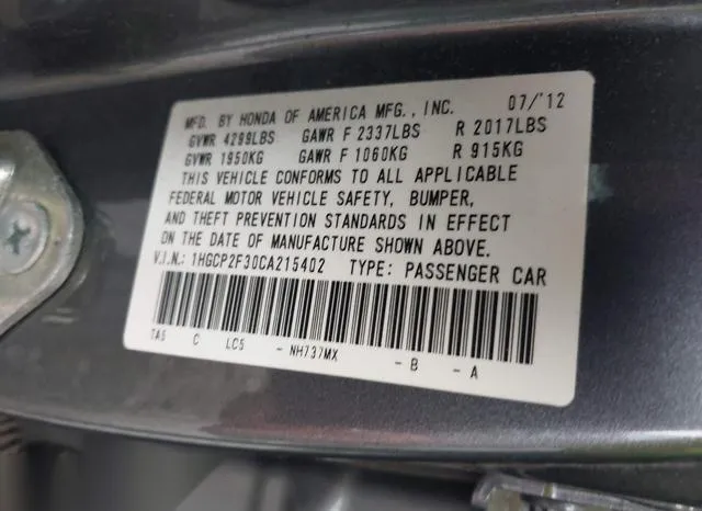 1HGCP2F30CA215402 2012 2012 Honda Accord- 2-4 LX 9