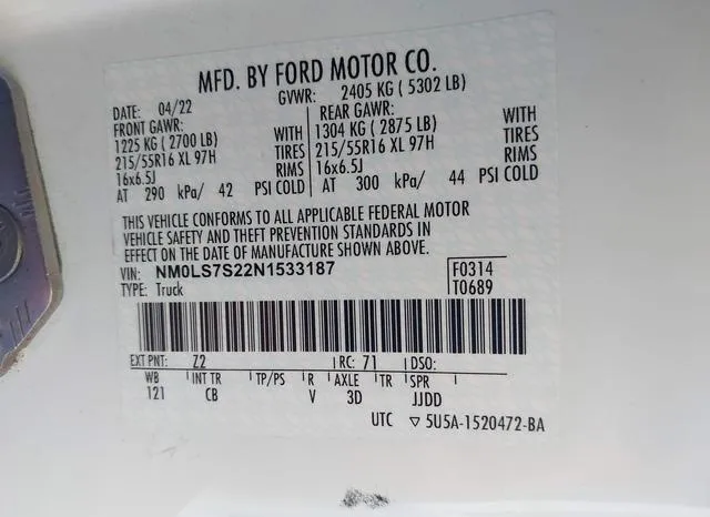 NM0LS7S22N1533187 2022 2022 Ford Transit- Connect XL 9