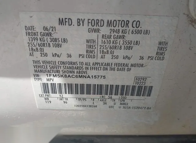 1FM5K8AC6MNA15775 2021 2021 Ford Police Interceptor Utility 9