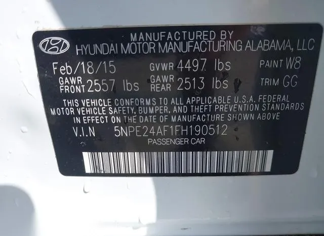 5NPE24AF1FH190512 2015 2015 Hyundai Sonata- SE 9