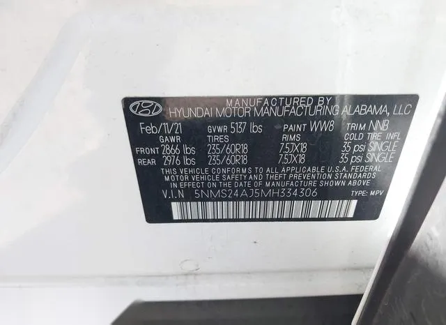 5NMS24AJ5MH334306 2021 2021 Hyundai Santa Fe- Sel 9