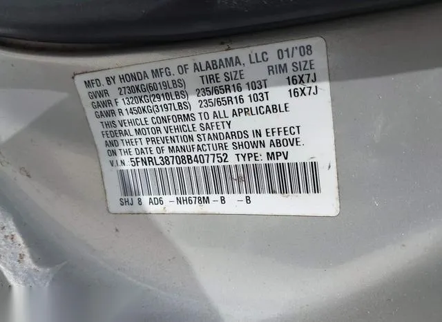 5FNRL38708B407752 2008 2008 Honda Odyssey- Ex-L 9