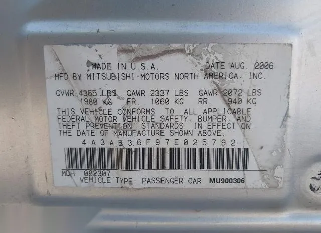 4A3AB36F97E025792 2007 2007 Mitsubishi Galant- Es/Se 9