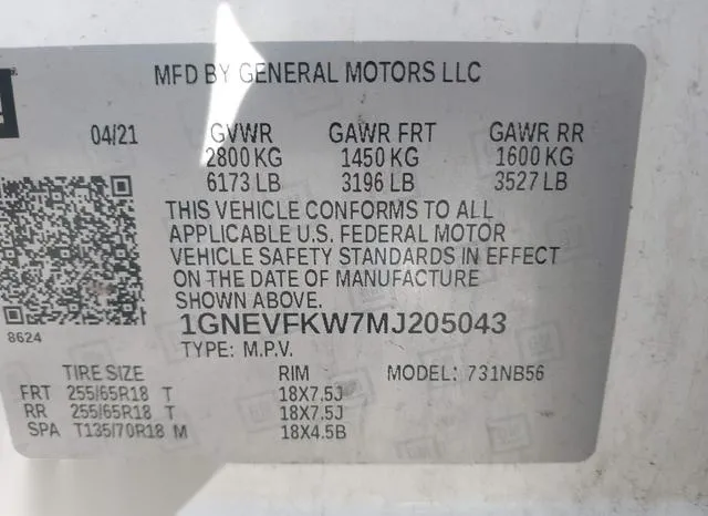 1GNEVFKW7MJ205043 2021 2021 Chevrolet Traverse- Awd Ls 9