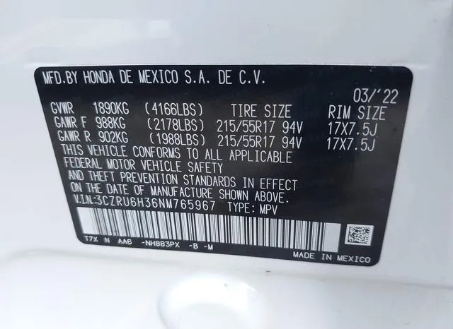 3CZRU6H36NM765967 2022 2022 Honda HR-V- Awd Lx 9