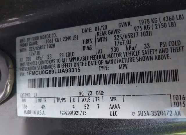 1FMCU0G69LUA93315 2020 2020 Ford Escape- SE 9