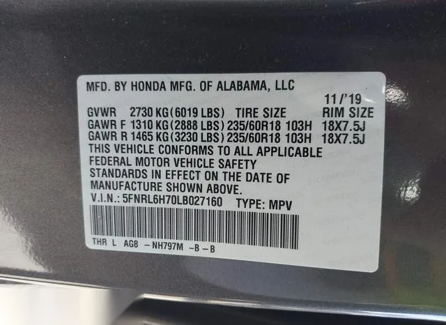 5FNRL6H70LB027160 2020 2020 Honda Odyssey- Ex-L/Ex-L W/Navi  9