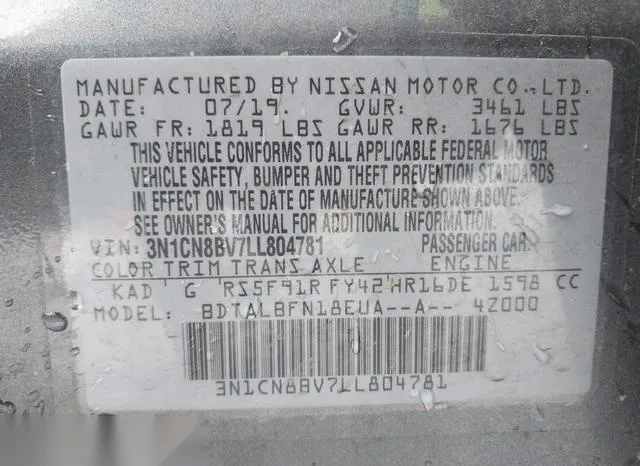 3N1CN8BV7LL804781 2020 2020 Nissan Versa- S 5-Speed Manual 9