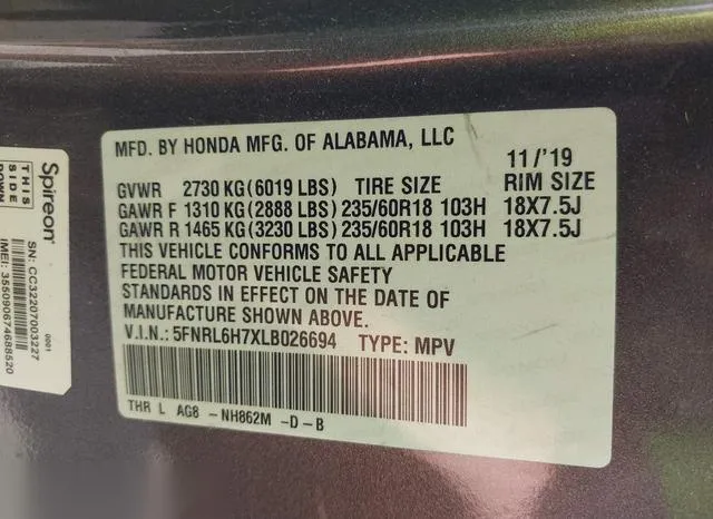 5FNRL6H7XLB026694 2020 2020 Honda Odyssey- Ex-L/Ex-L W/Navi  9