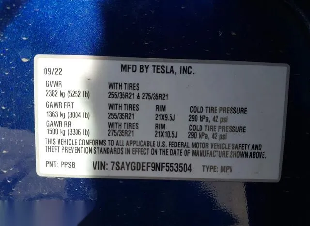 7SAYGDEF9NF553504 2022 2022 Tesla Model Y- Performance Dual 9