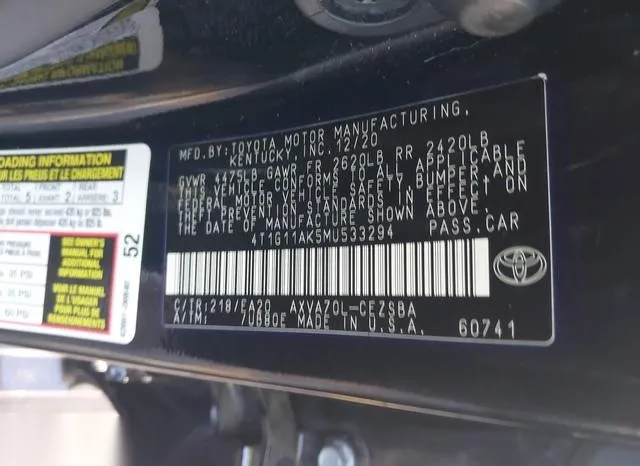 4T1G11AK5MU533294 2021 2021 Toyota Camry- SE 9