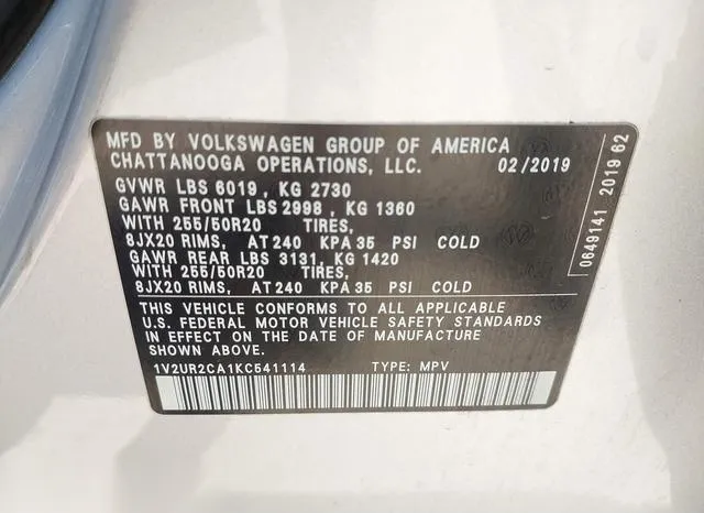 1V2UR2CA1KC541114 2019 2019 Volkswagen Atlas- 3-6L V6 Se W/T 9