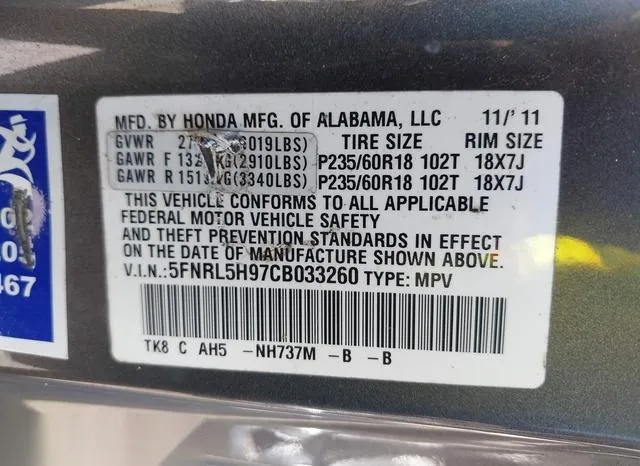 5FNRL5H97CB033260 2012 2012 Honda Odyssey- Touring/Touring E 9