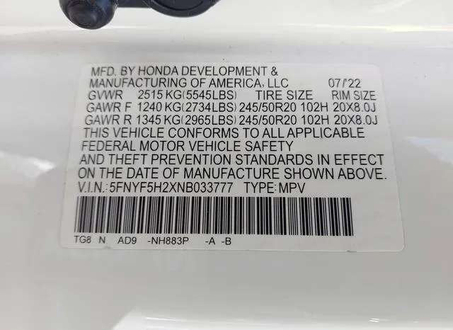 5FNYF5H2XNB033777 2022 2022 Honda Pilot- 2Wd Special Edition 9